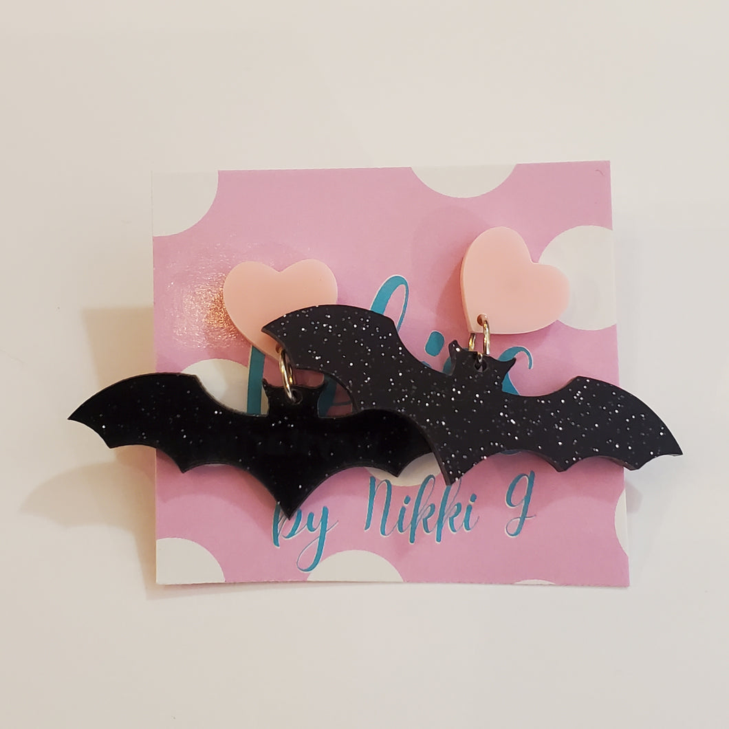 Heart Stud Glitter Bat Acrylic Statement Earrings