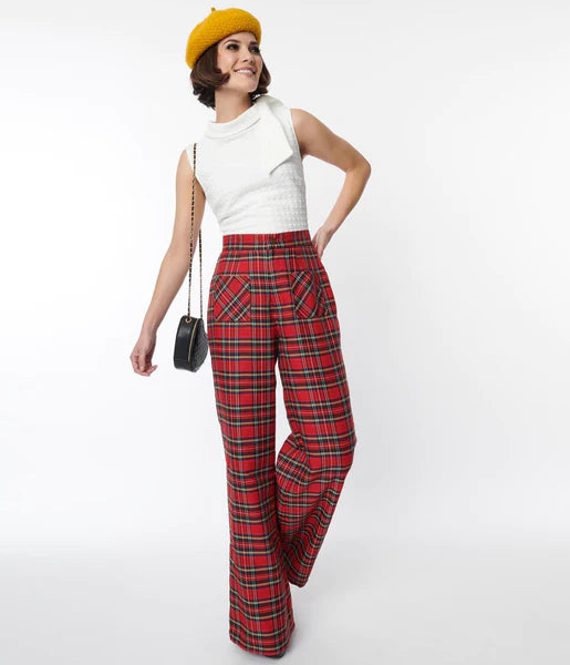 Wide Leg Pants Tartan Tartan Pleated Wide Leg Work Trousers