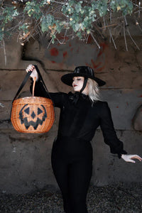 Haunted Hallows Orange Pumpkin Jack O Lantern Wicker Picnic Basket Bag