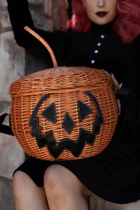Haunted Hallows Orange Pumpkin Jack O Lantern Wicker Picnic Basket Bag