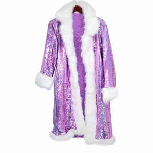 Purple Sequin Long Coat with Faux Fur Trim