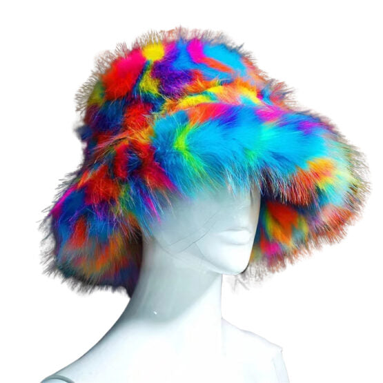 Rainbow Splatter Faux Fur Bucket Hat