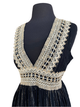Load image into Gallery viewer, Crochet Trim Black Sparkle Stripe Island Nights Dress- Mini and Maxi Styles Available!
