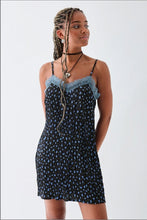 Load image into Gallery viewer, Teal and Black Crinkle Satin Cami Mini Slip Dress
