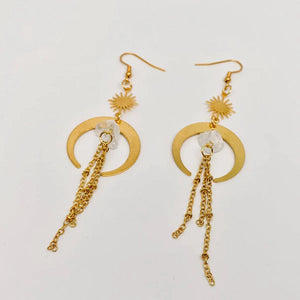 Bohemian Crescent Quartz Chain Tassel Earrings