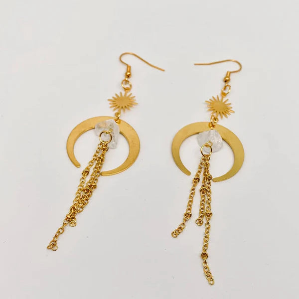 Bohemian Crescent Quartz Chain Tassel Earrings