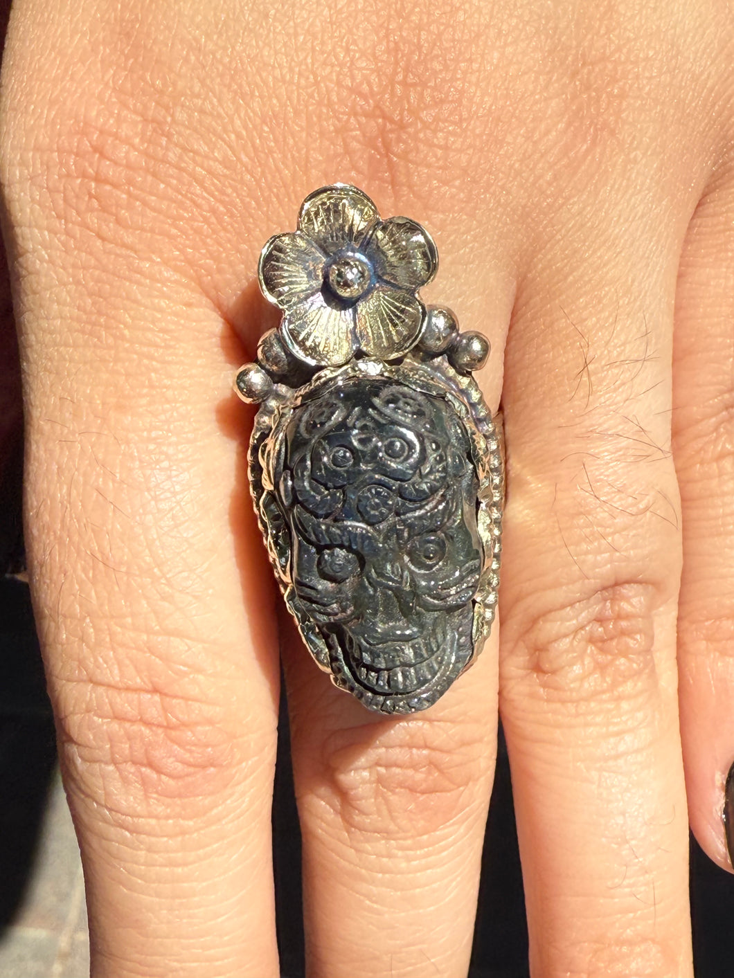 Flower Crowned Onyx Sugar Skull Statement Ring