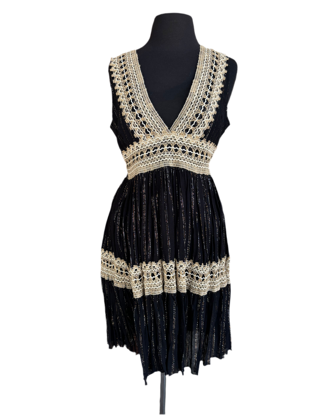 Crochet Trim Black Sparkle Stripe Island Nights Dress- Mini and Maxi Styles Available!