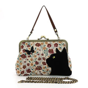 Floral Black Cat Kisslock Handbag