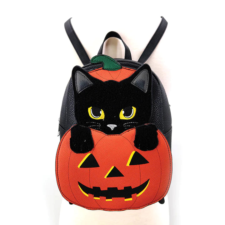 Furry Black Cat In Jack O Lantern Mini Backpack