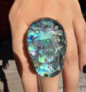 Abalone Backed Carved Quartz Skull Statement Ring
