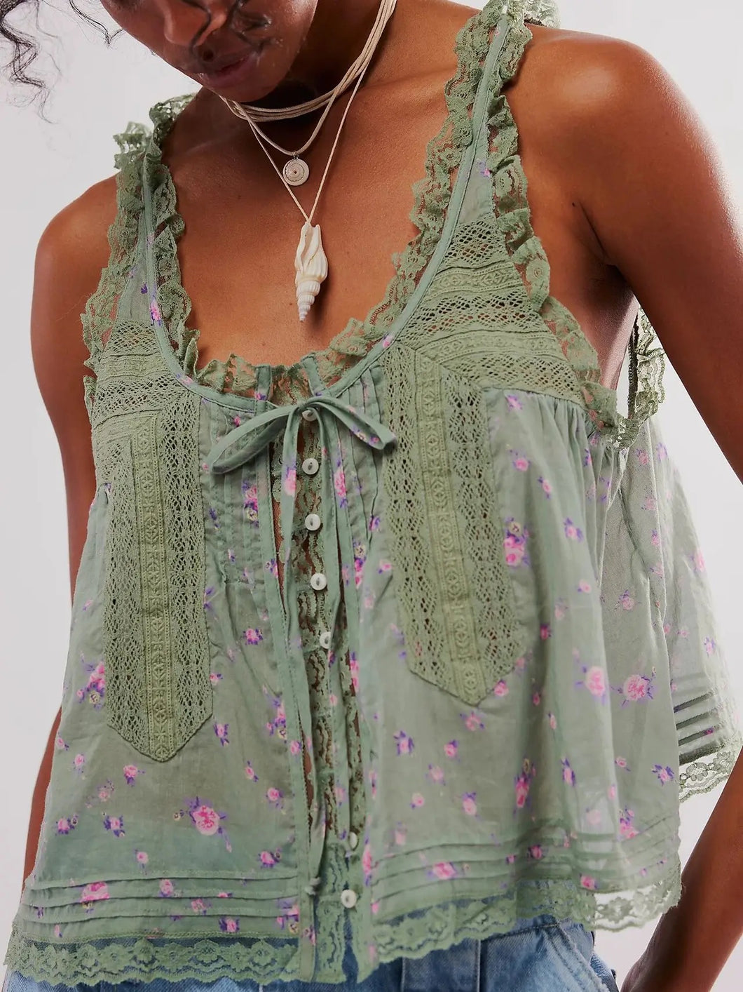 Green and Pink Floral Lace Patchwork Sheer Camisole Crop Top