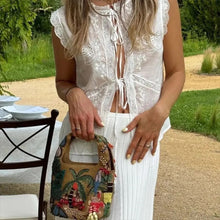 Load image into Gallery viewer, White Embroidered Lace Sleeveless Tie Front Crop Top
