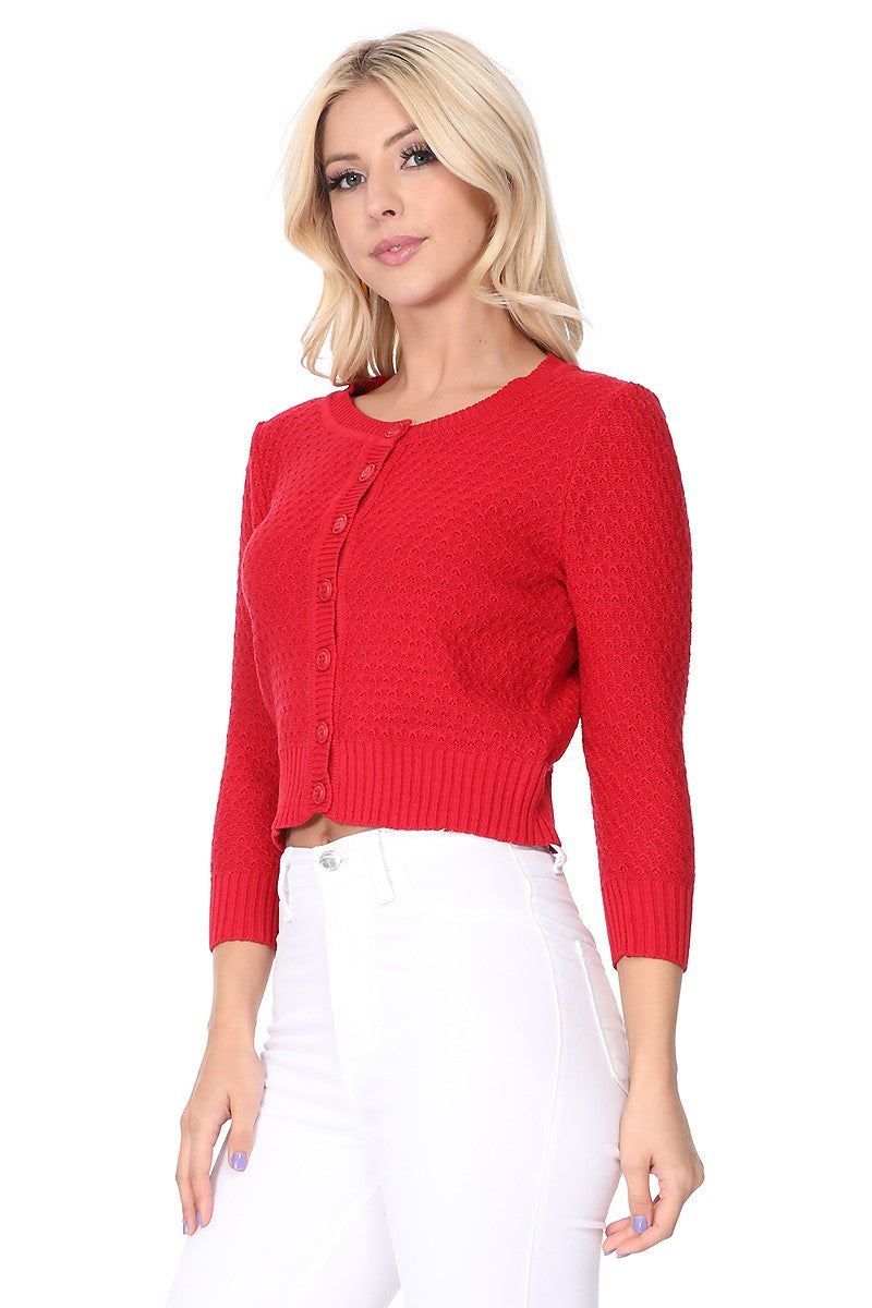 Red Cropped Rib Knit Cardigan