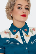 Cactus Floral Western Blue Piped Top