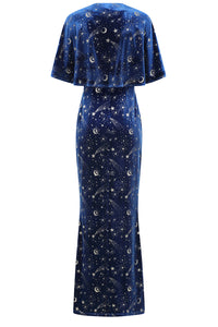 Gloria Celestial Blue Velvet Pencil Dress with Capelet