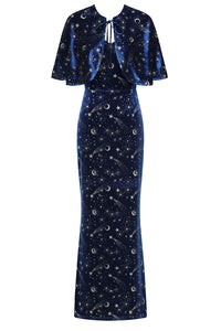 Gloria Celestial Blue Velvet Pencil Dress with Capelet