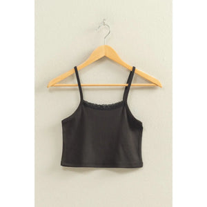Black Lace Trim Square Neckline Sleeveless Crop Top