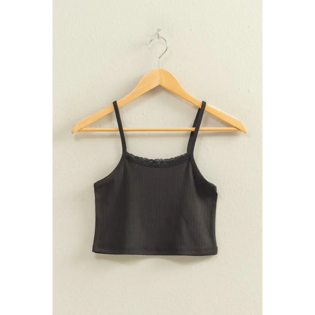 Black Lace Trim Square Neckline Sleeveless Crop Top