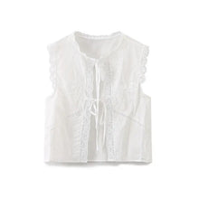 Load image into Gallery viewer, White Embroidered Lace Sleeveless Tie Front Crop Top
