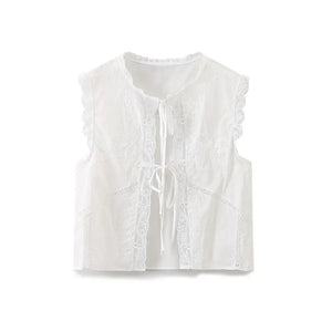 White Embroidered Lace Sleeveless Tie Front Crop Top
