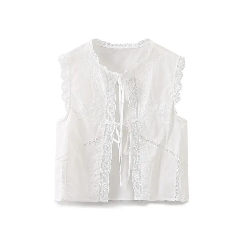 White Embroidered Lace Sleeveless Tie Front Crop Top