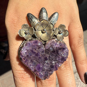 Amethyst Druzy Sacred Heart Floral Large Statement Ring
