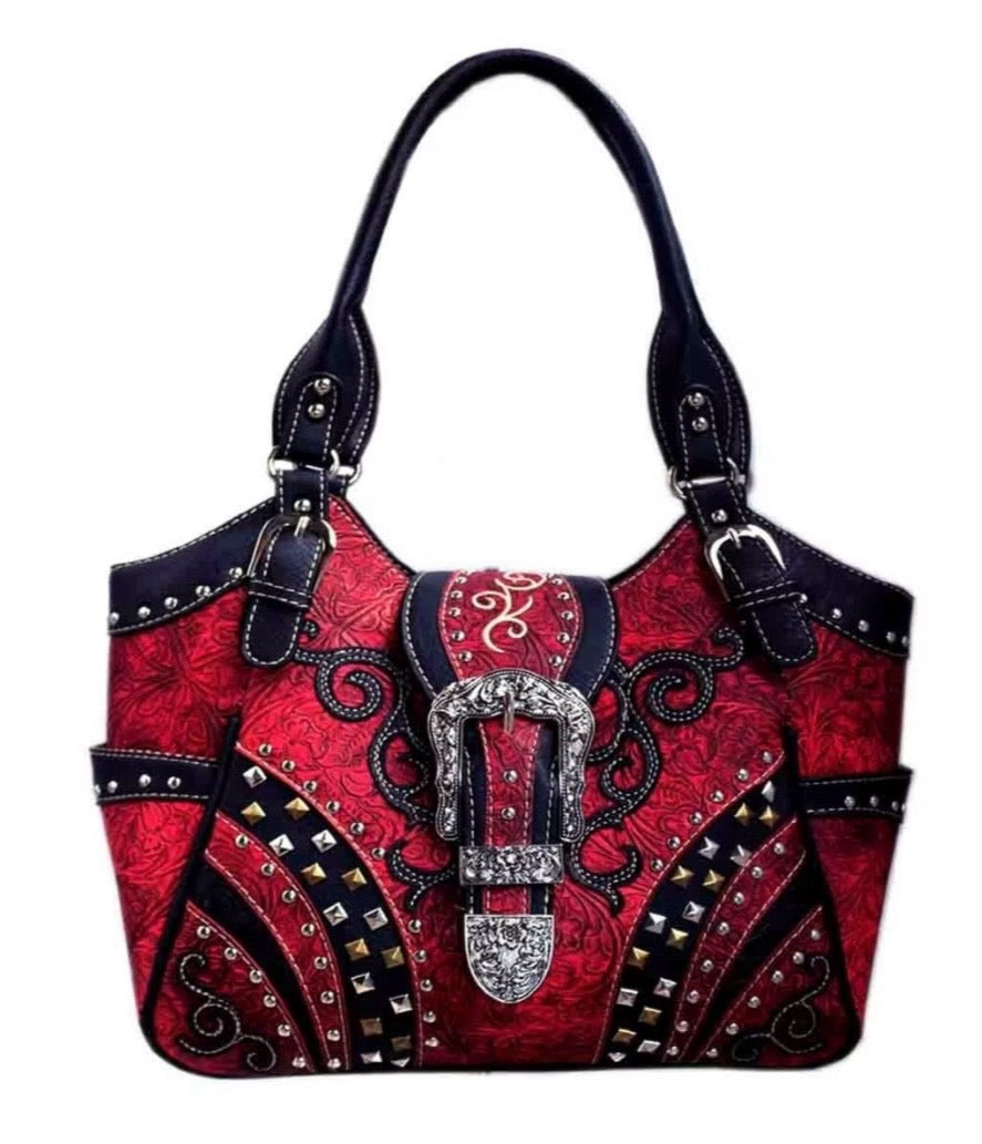Red Western Studs Buckle Shoulder Purse