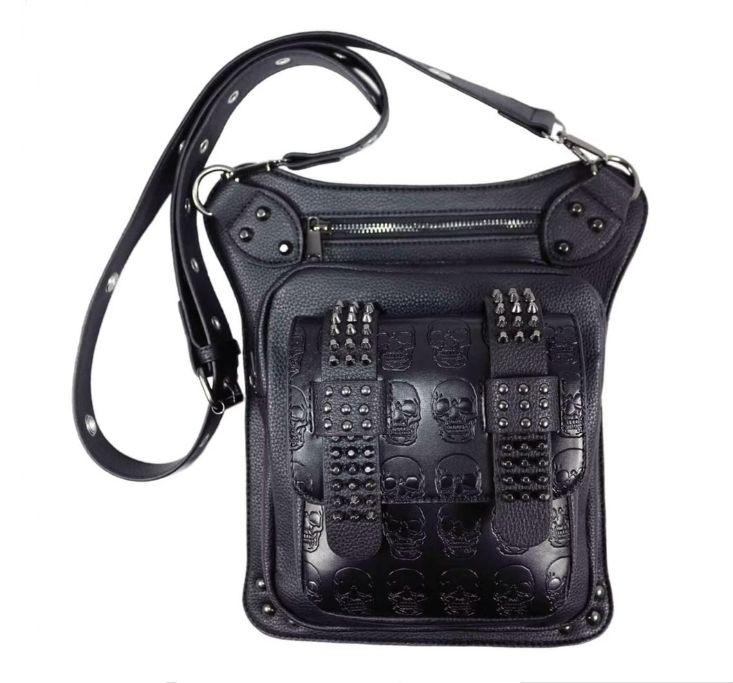 Embossed Skulls and Flat Studs Flat Crossbody Purse