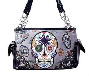 Gray Sugar Skull All Over Print Shoulder Purse