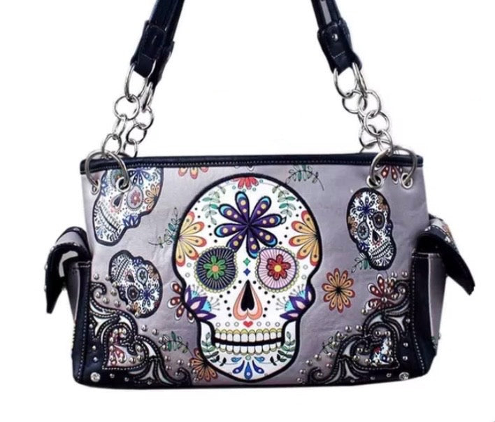Gray Sugar Skull All Over Print Shoulder Purse
