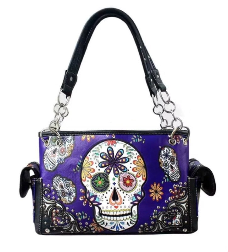 Purple Sugar Skull All Over Print Shoulder Purse