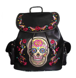 NEW Black Sugar Skull Embroidered Adventure Backpack