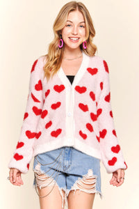 Ivory with Red Hearts Fuzzy Sweater Cardigan