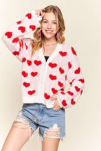 Load image into Gallery viewer, Ivory with Red Hearts Fuzzy Sweater Cardigan
