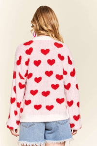 Ivory with Red Hearts Fuzzy Sweater Cardigan