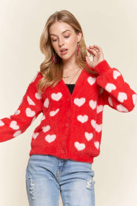 Red with Ivory Hearts Fuzzy Sweater Cardigan