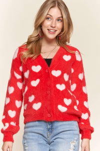 Red with Ivory Hearts Fuzzy Sweater Cardigan