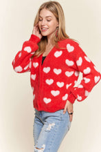Load image into Gallery viewer, Red with Ivory Hearts Fuzzy Sweater Cardigan
