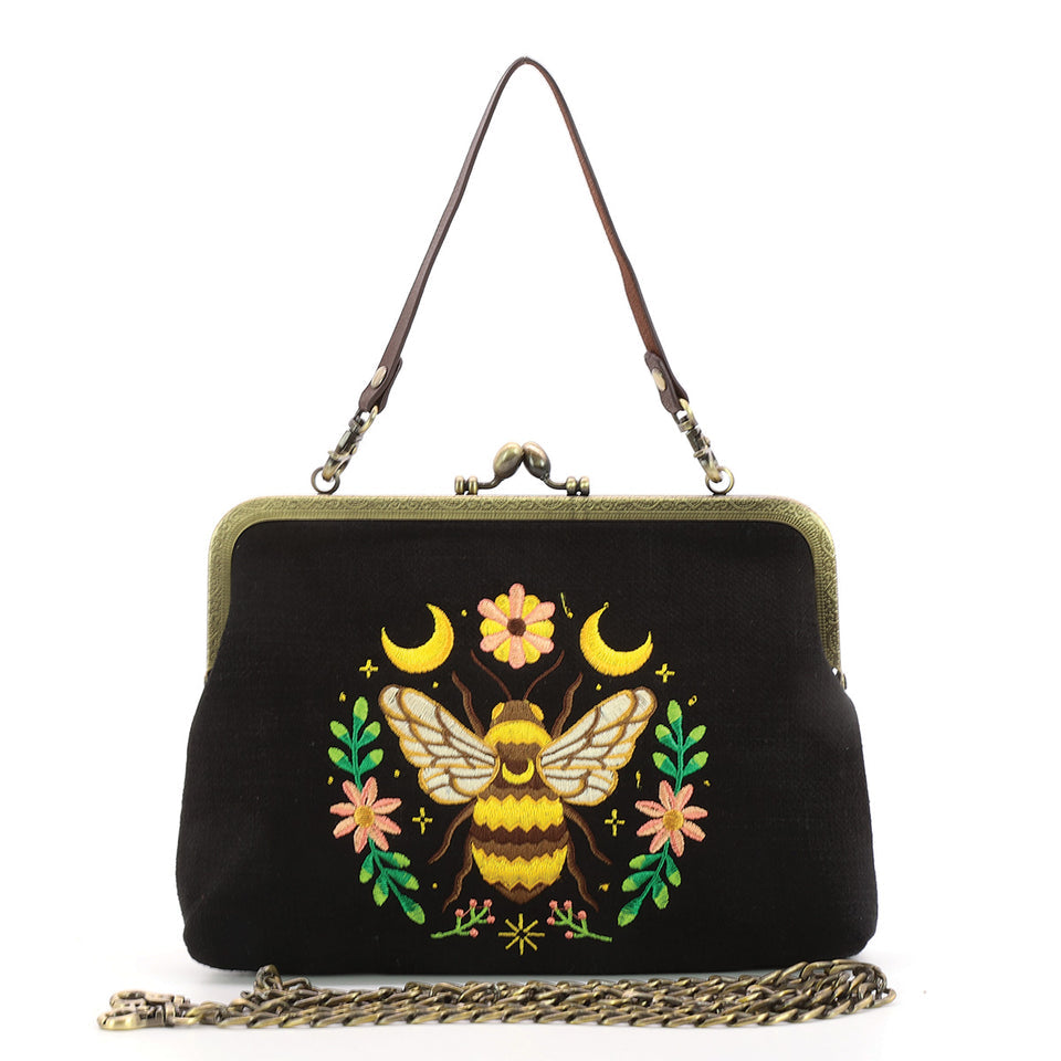 Moonlit Bee Embroidered Vintage Kisslock Purse