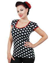 Load image into Gallery viewer, Robin Black and White Polka Dot with Red Trim Top
