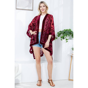 Burgundy Floral Velvet Burnout Kimono