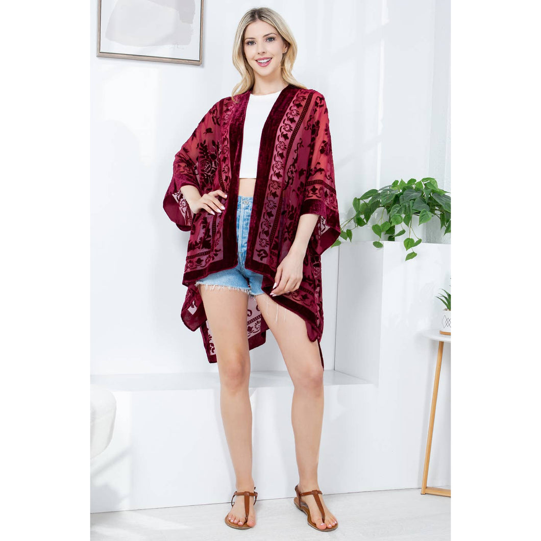 Burgundy Floral Velvet Burnout Kimono