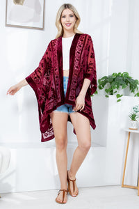 Burgundy Floral Velvet Burnout Kimono