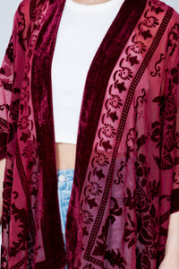 Burgundy Floral Velvet Burnout Kimono