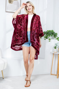 Burgundy Floral Velvet Burnout Kimono