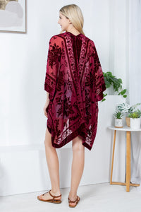 Burgundy Floral Velvet Burnout Kimono