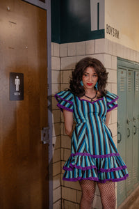 Adelaide Haunted Striped Ruffle Mini Swing Dress
