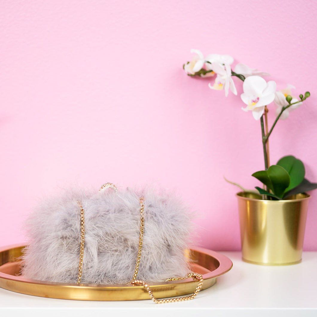 Gray Furry Feather Clutch