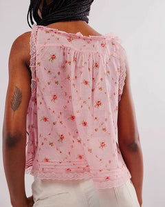 Pink Floral Lace Patchwork Sheer Camisole Crop Top